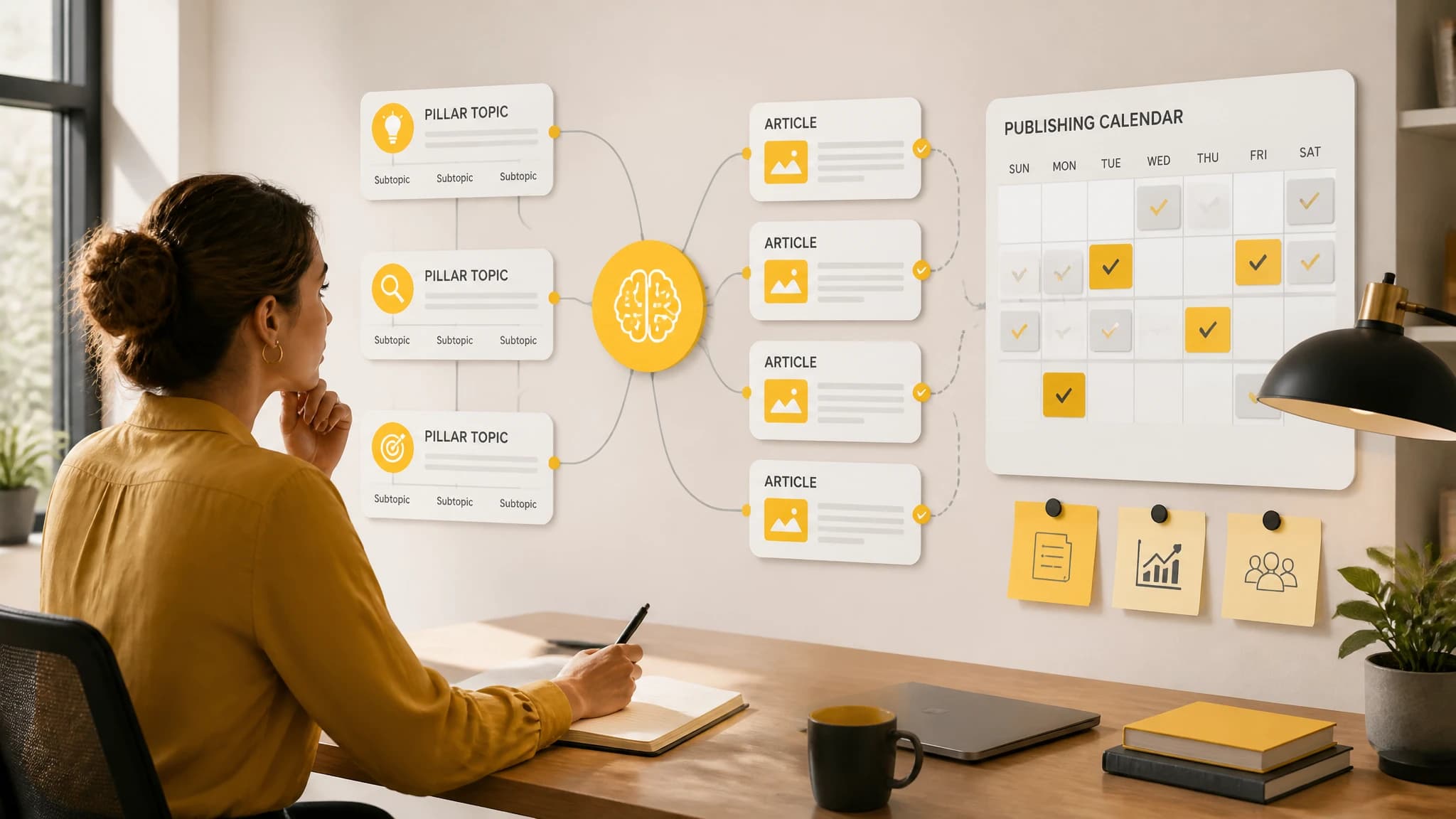 Strategist using an AI content planner to organize SEO topics and a content calendar