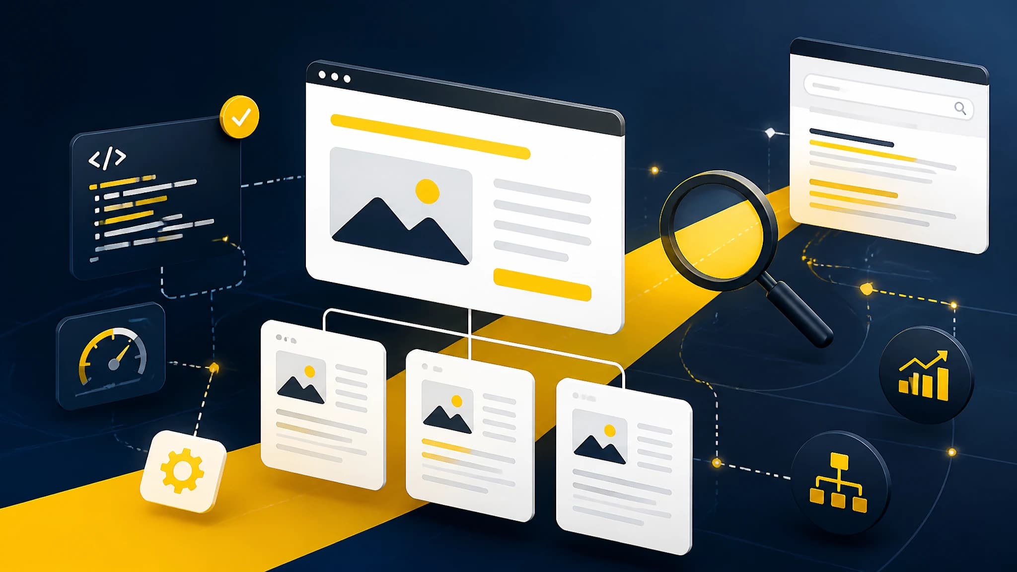 Editorial illustration of a Next.js content website connected to search and SEO signals