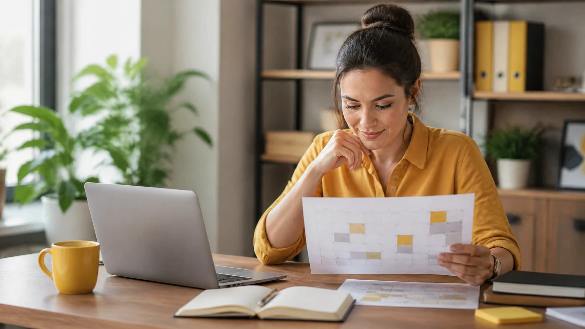 Business owner reviewing a blog publishing calendar at a laptop