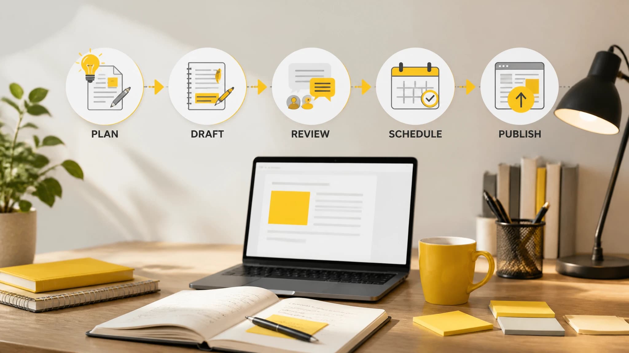 Editorial workflow showing content moving from planning to WordPress publishing