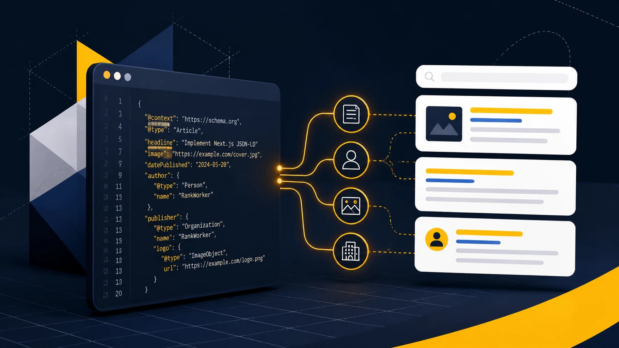 Illustration of JSON-LD structured data connecting a Next.js application with search results