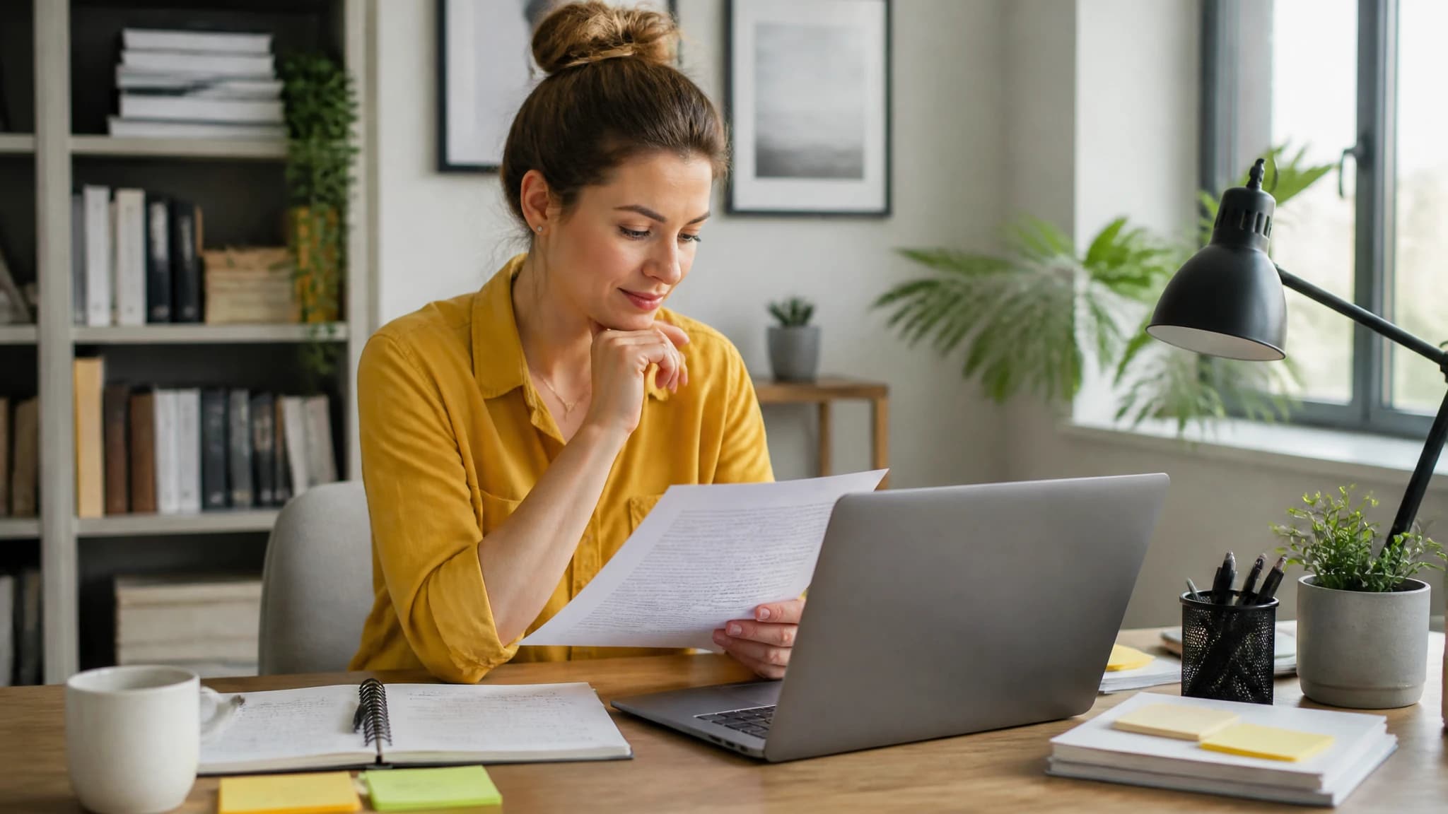 Website owner reviewing an article draft and source notes at a desk