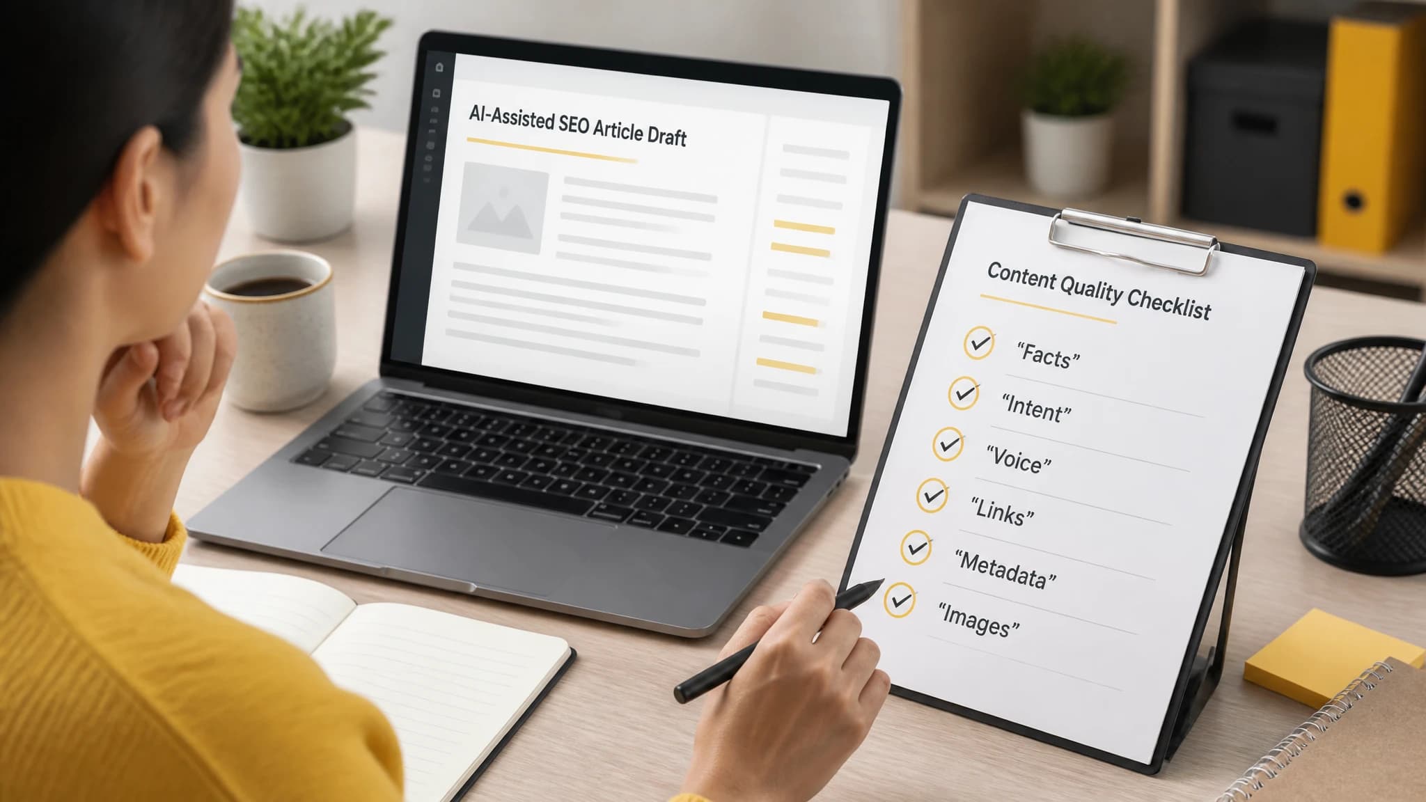 Reviewer checking facts, search intent, brand voice, links, metadata, and images in an SEO article