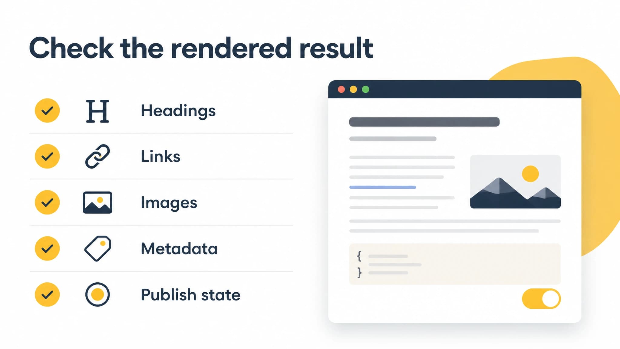Checklist infographic of five Markdown publishing checks: headings, links, images, metadata, and publication state