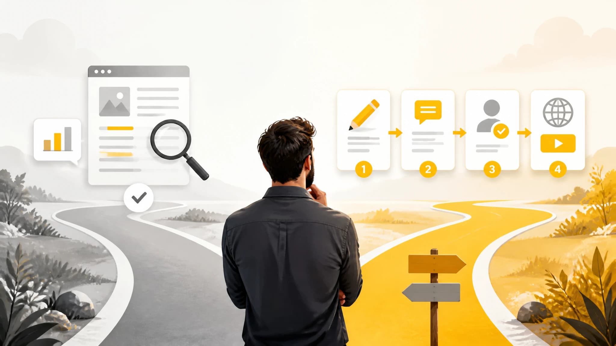 Small-business owner comparing SEO content optimization with a publishing workflow