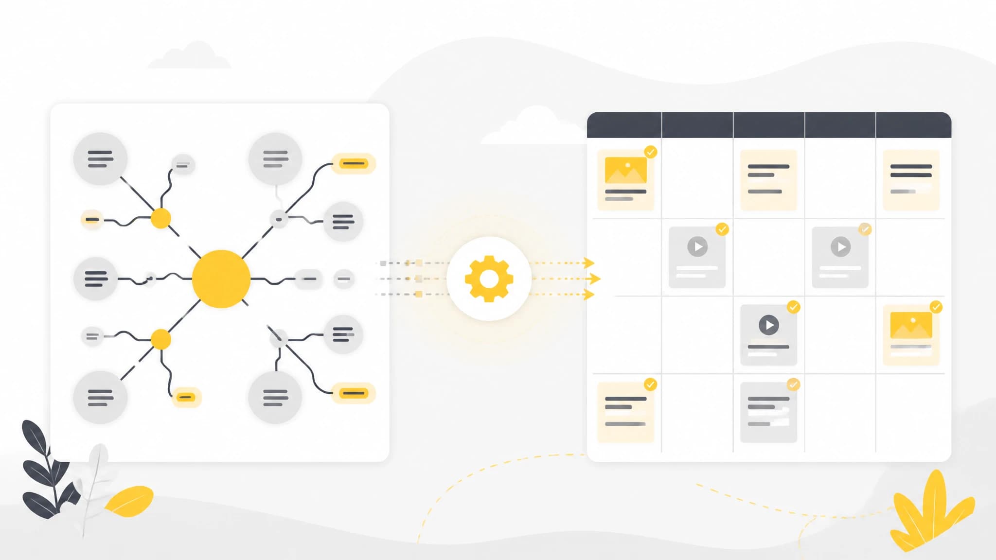 A strong keyword strategy is the foundation of an automated content engine. Keyword strategy map converting into a content calendar through automation