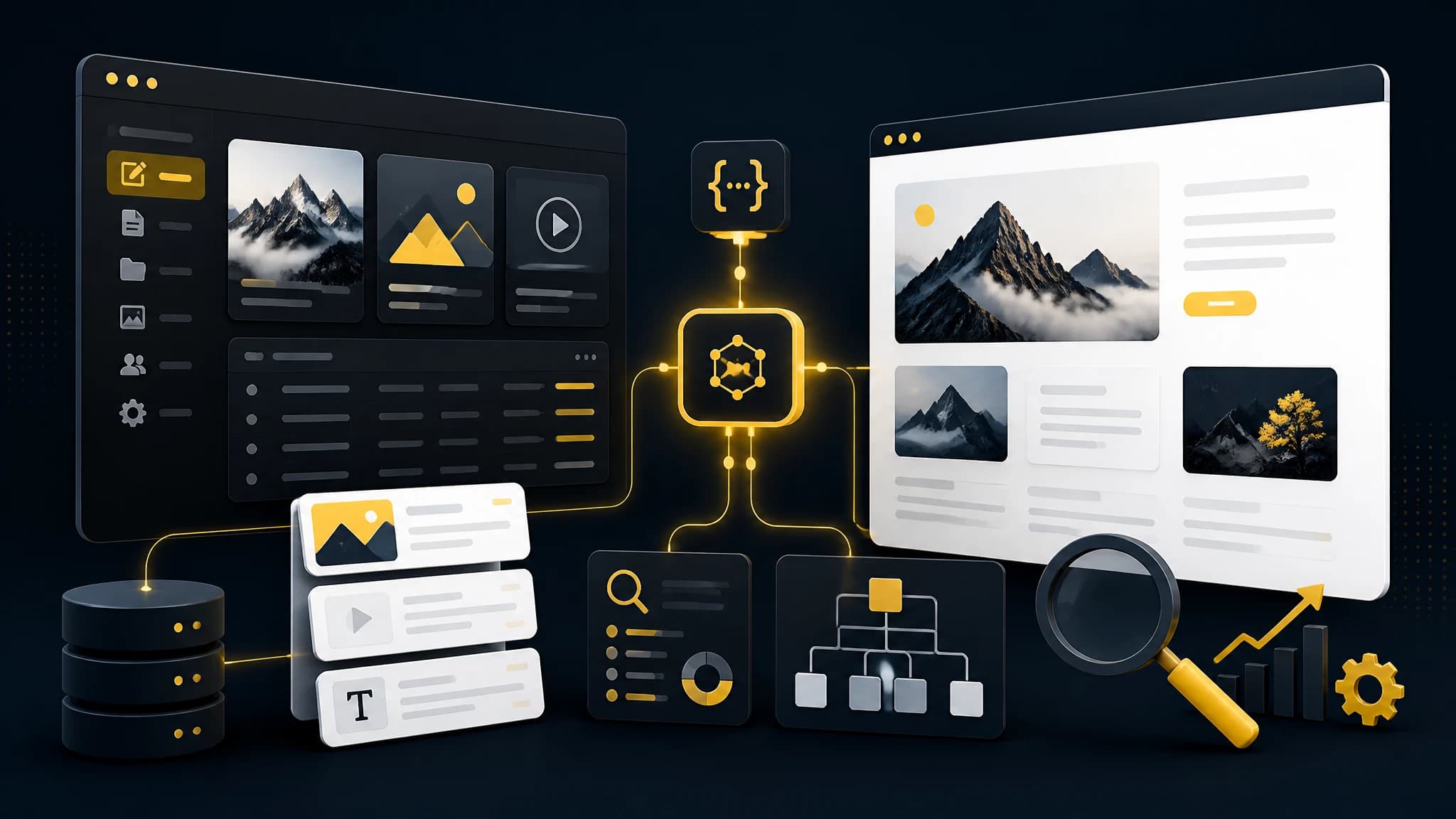 Illustration of a Next.js blog CMS connecting structured content with SEO and API publishing workflows