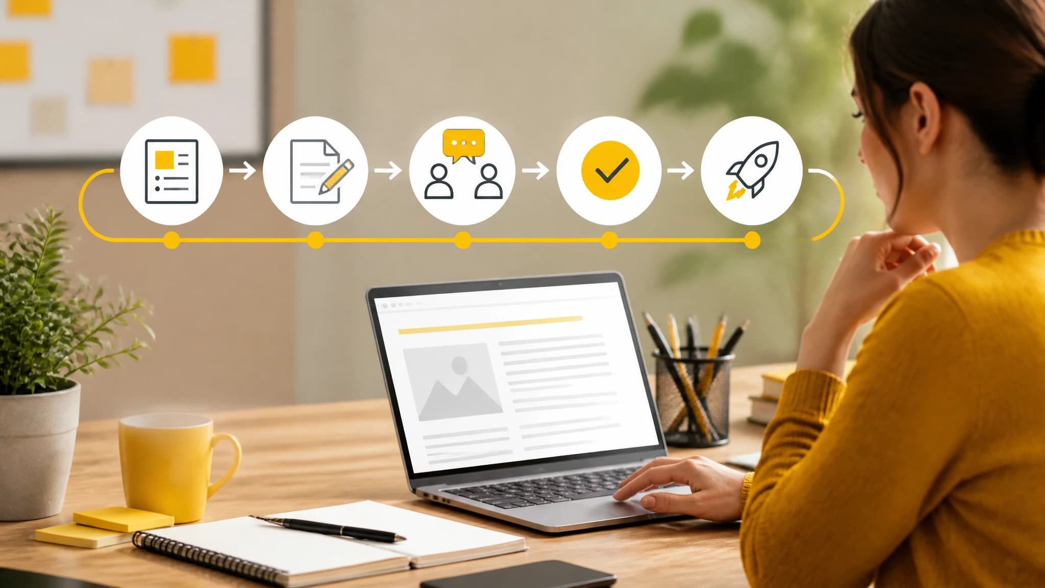 Editorial illustration of a content approval workflow moving from draft to publication