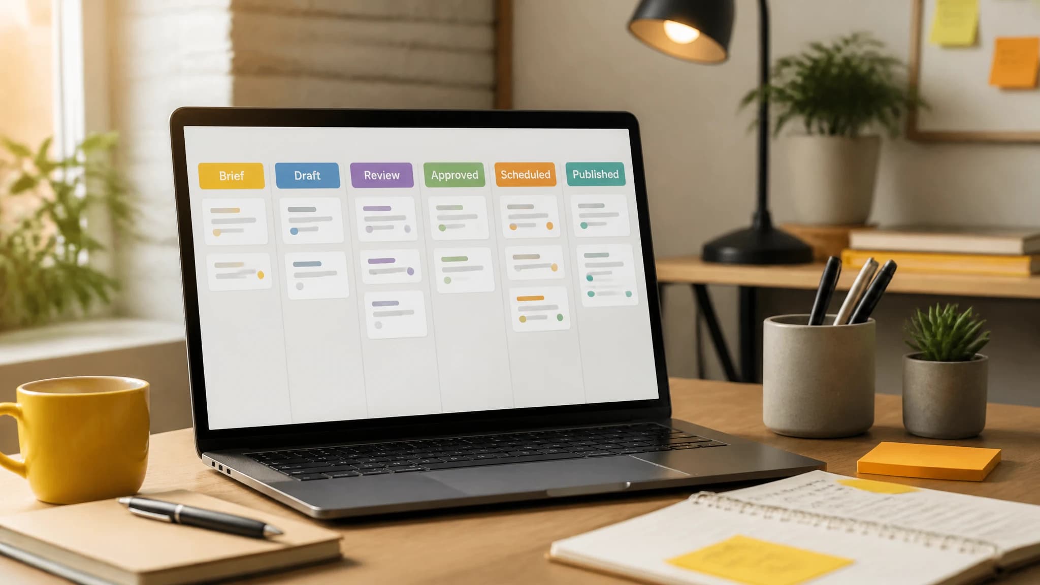 Editorial workflow board showing SEO content moving from brief to publication