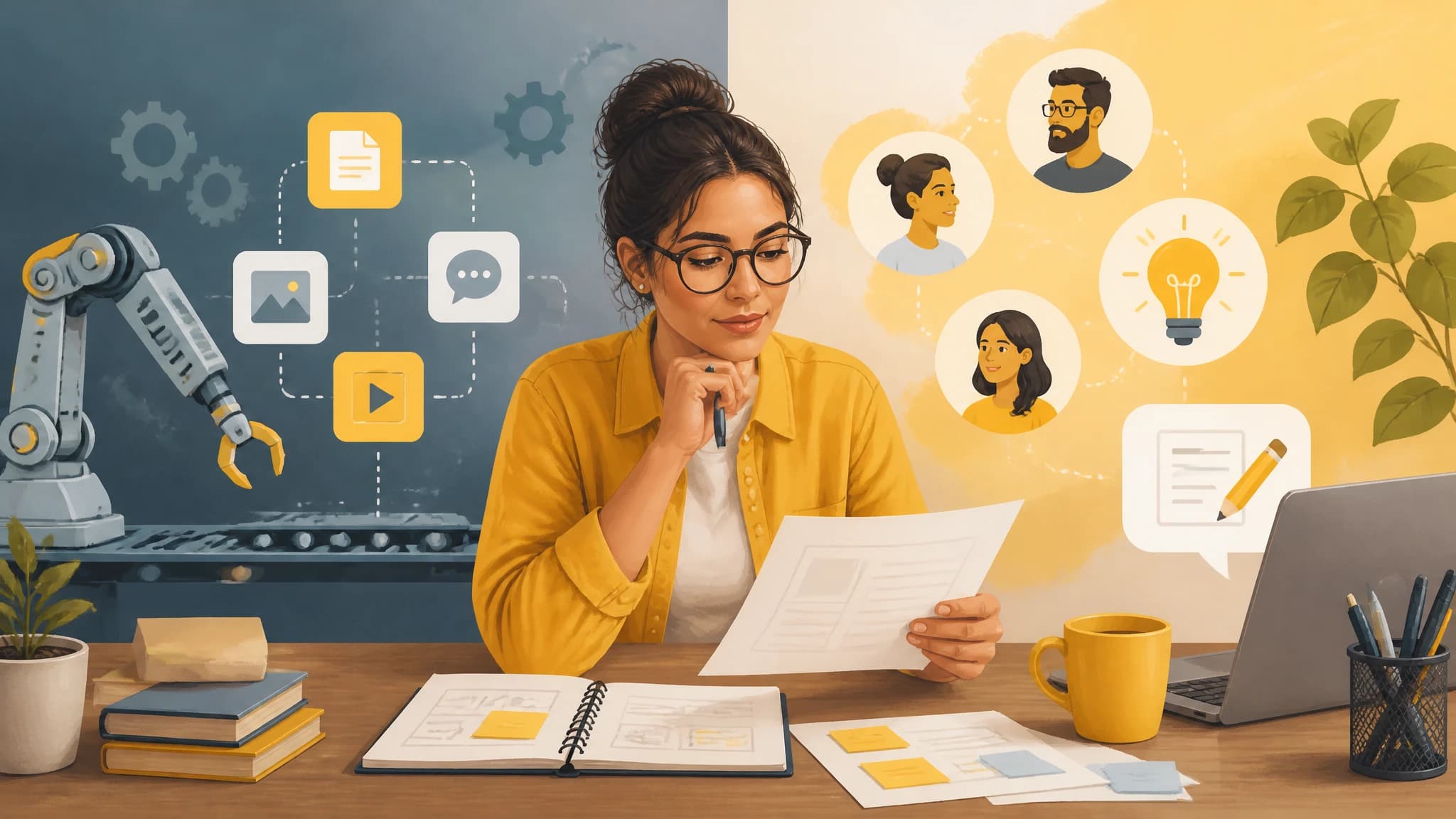 Small business owner reviewing an AI-assisted content marketing workflow